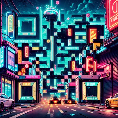Neon Cyberpunk City Street QR Code Poster