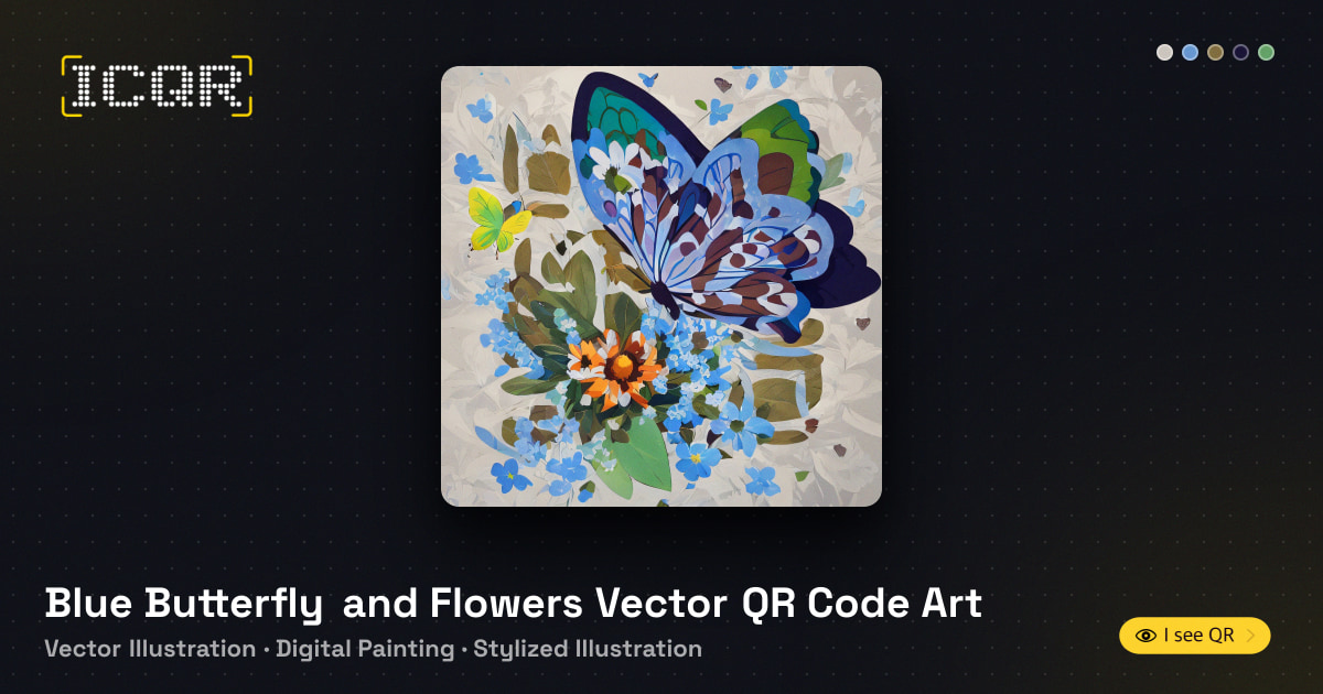 Blue Butterfly and Flowers Vector QR Code Art • ICQR