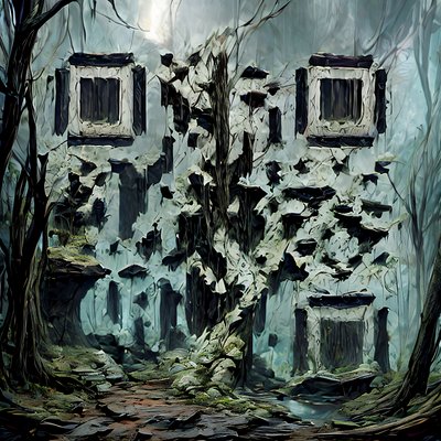 Misty Forest Ruins Matte Painting QR Code Art