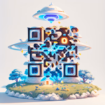 НЛО над травяным островом: 3D игровой QR-код для наклеек — изображение 1