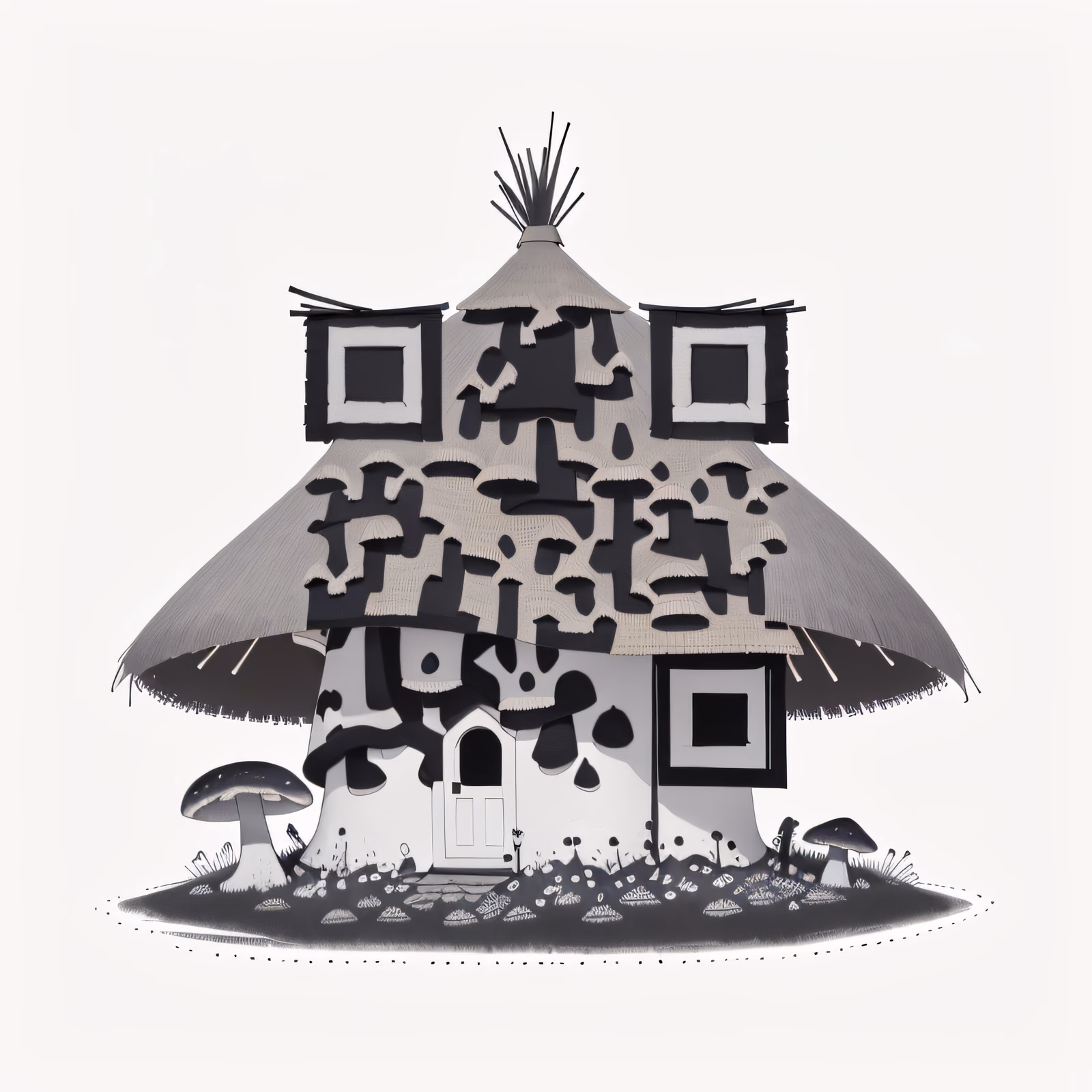 Домик из гриба с соломенной крышей: QR-код в технике туши — изображение 1