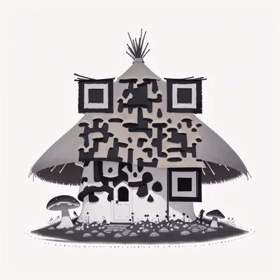 Домик из гриба с соломенной крышей: QR-код в технике туши — изображение 1