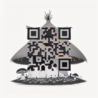 Домик из гриба с соломенной крышей: QR-код в технике туши