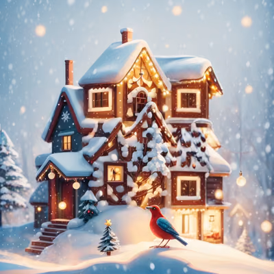 Snowy Christmas Cottage Painting House QR Code for Greeting Cards — image 1