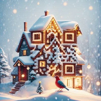 Snowy Christmas Cottage Painting House QR Code for Greeting Cards