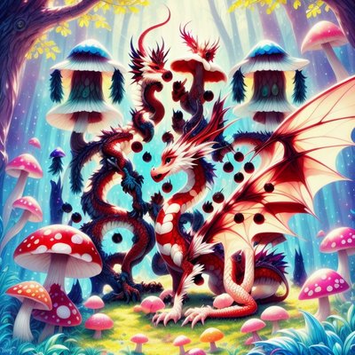 Red Dragons Among Mushrooms Fantasy QR Code for Posters