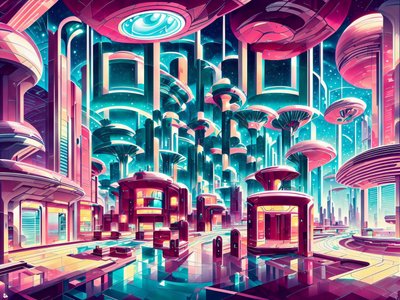 Retrofuturist Utopian City Vector QR Code for Posters