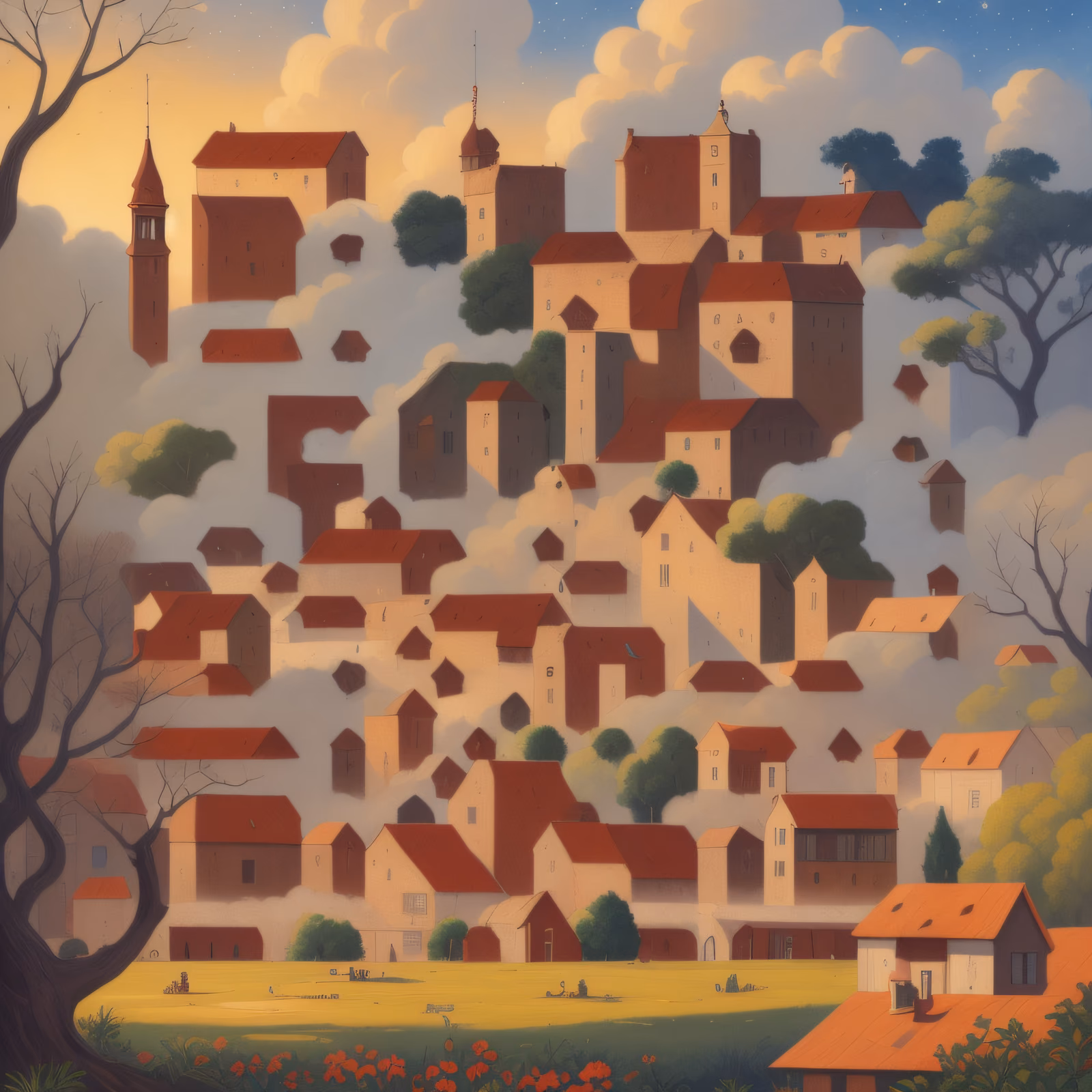 Hillside Village Naive Gouache QR Code Art — image 1