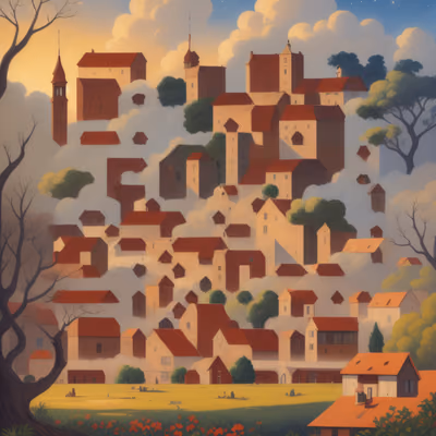 Hillside Village Naive Gouache QR Code Art — image 1