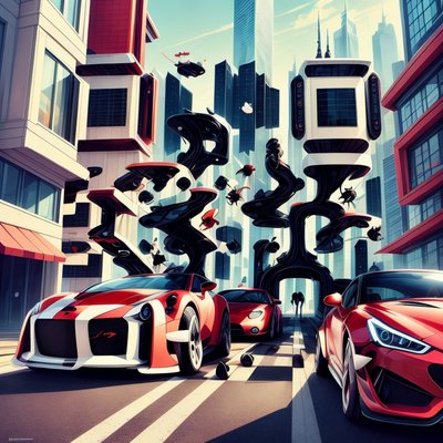Red Sports Cars Futuristic City QR Code for Posters