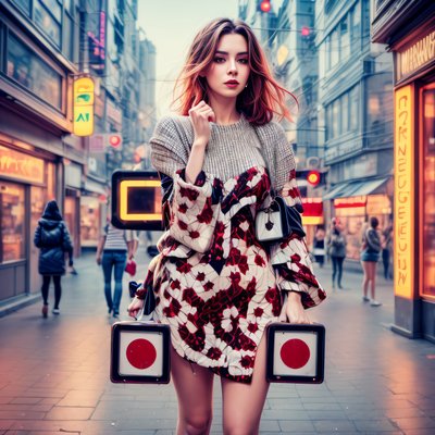Woman on Neon City Street QR Code for Posters
