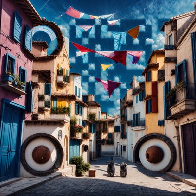 Surreal Mediterranean Street with Kites QR Code Art