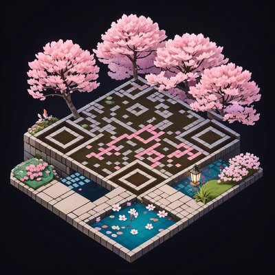 Isometric Cherry Blossom Courtyard QR Code Art
