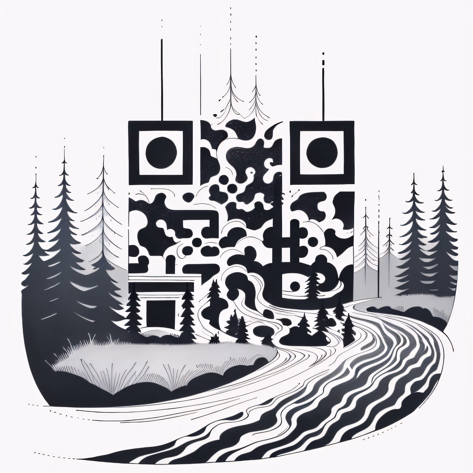 Река в лесу, рисунок тушью: QR-код для временных тату — изображение 1