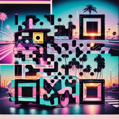 Synthwave Sports Car Collage QR Code for Posters