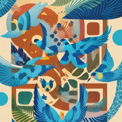 Blue Tropical Birds Art Deco QR Code Art