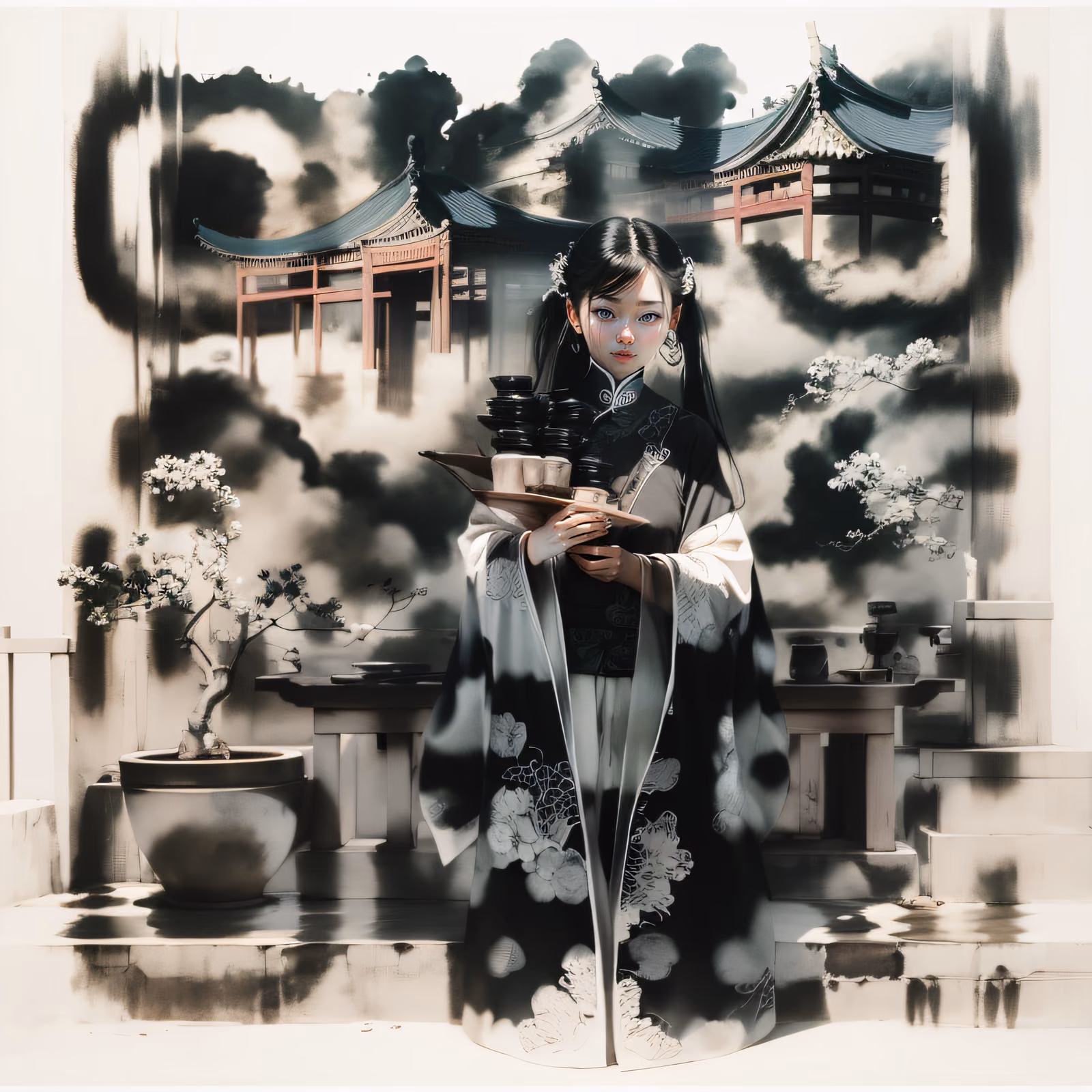 中国茶女水墨二维码艺术 — 图片 1