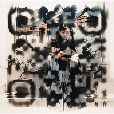 中国茶女水墨二维码艺术 — 图片 1