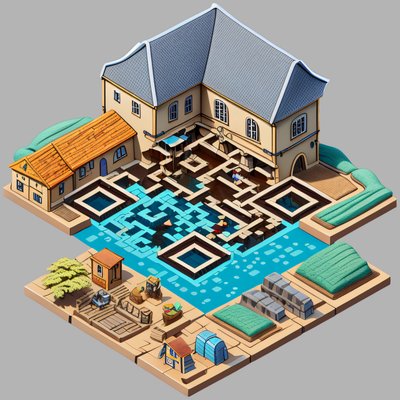 Изометрическая деревня с мельницей: 3D QR-код для постеров