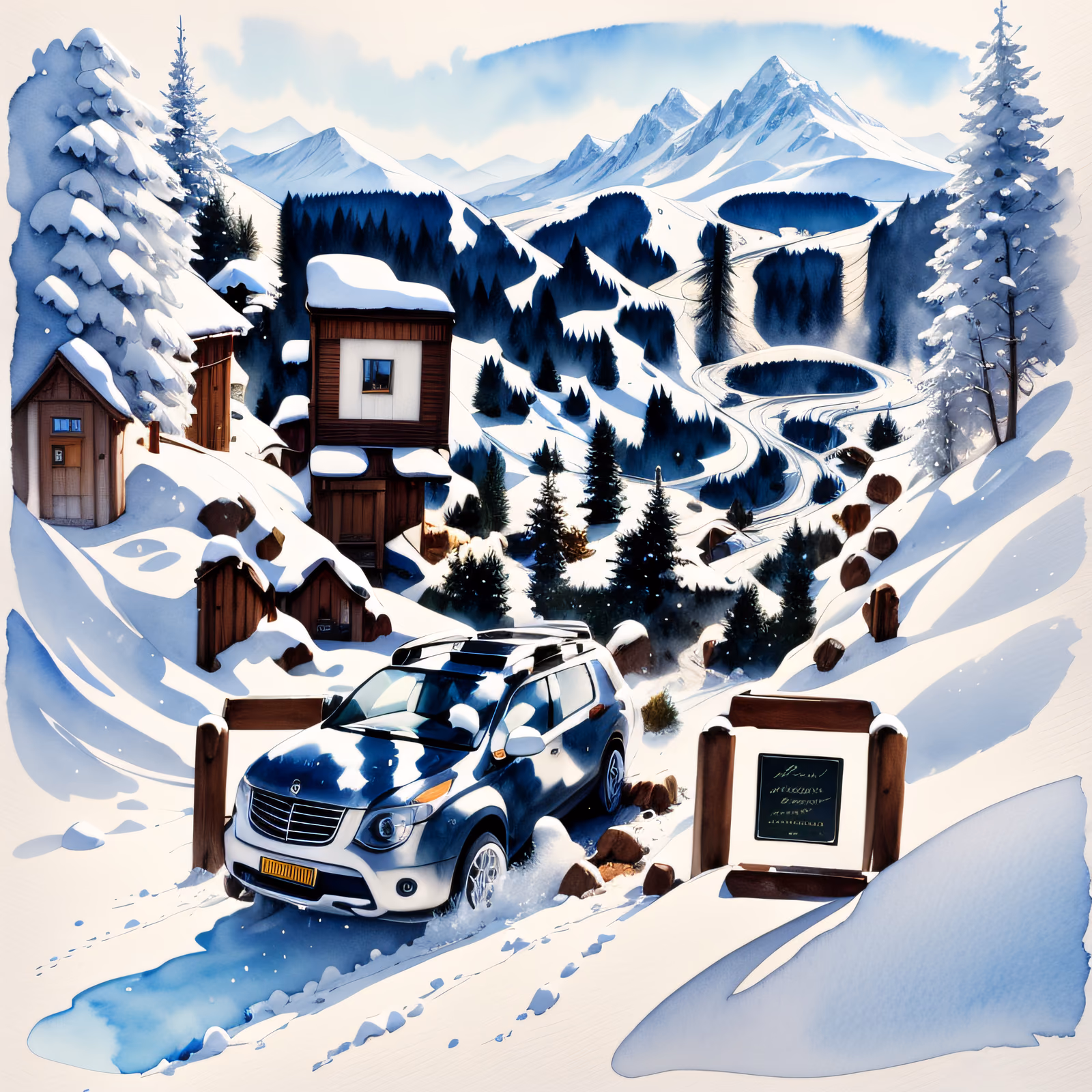 Snowy Mountain Pass SUV Watercolor Car QR Code Art — image 1