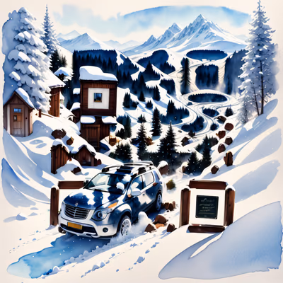 Snowy Mountain Pass SUV Watercolor Car QR Code Art — image 1