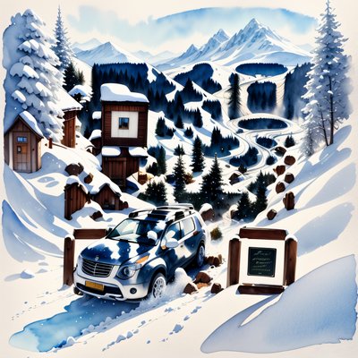 Snowy Mountain Pass SUV Watercolor Car QR Code Art
