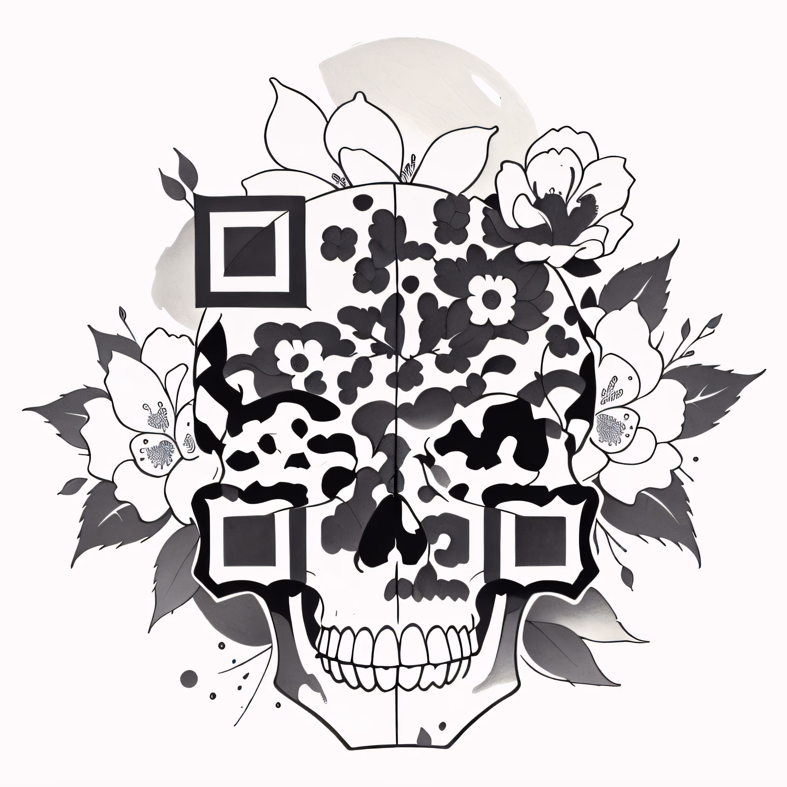 Цветочный череп в технике татуировки чернилами: QR-код для временных тату — изображение 1