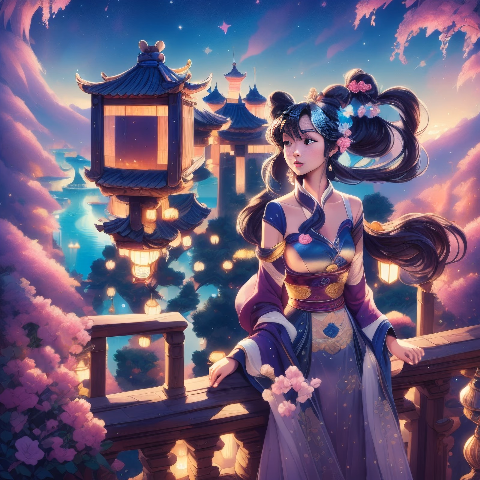 Lantern Balcony Woman Cartoon QR Code for Posters — image 1