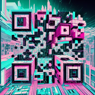 Глитч-мегаполис в стиле киберпанк: QR-код для постеров