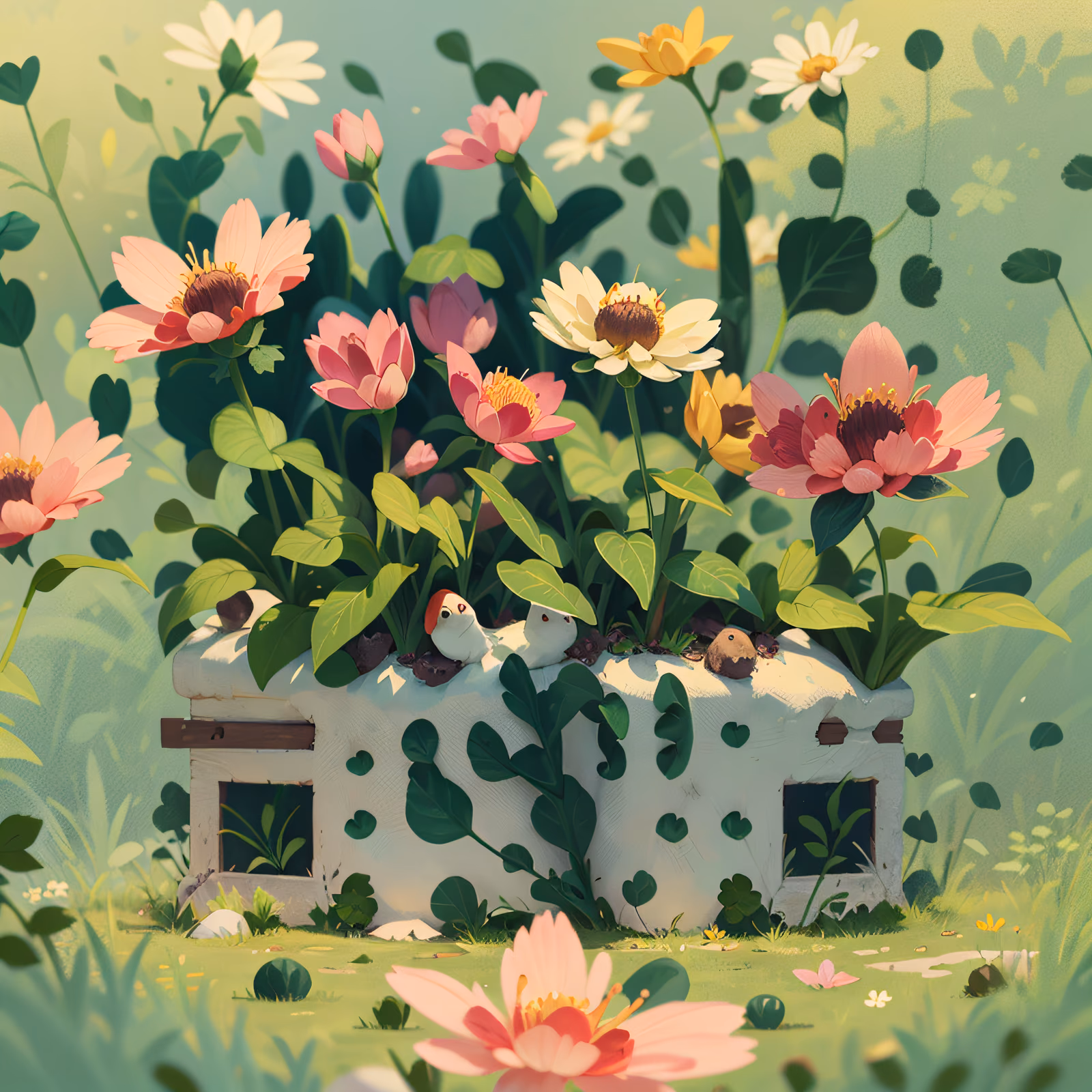 粉色花卉花盆花园插画二维码艺术 — 图片 1