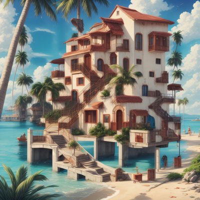 Tropical Beach House Anime Painting QR Code Art