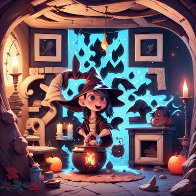 Young Witch Cauldron Cartoon QR Code for Posters