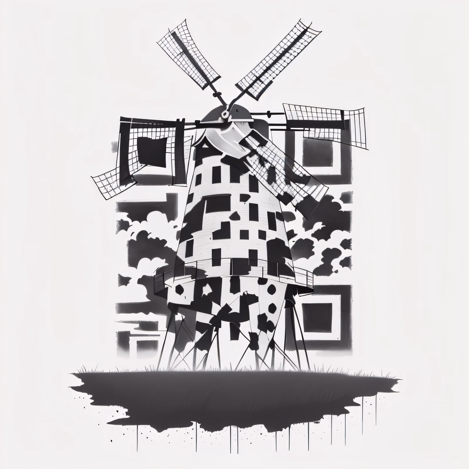 Ветряная мельница в стиле татуировки тушью: QR-код для одежды — изображение 1