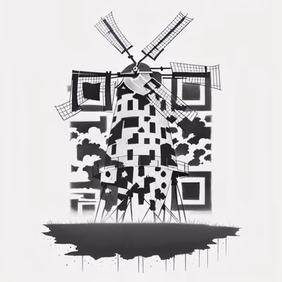 Ветряная мельница в стиле татуировки тушью: QR-код для одежды — изображение 1