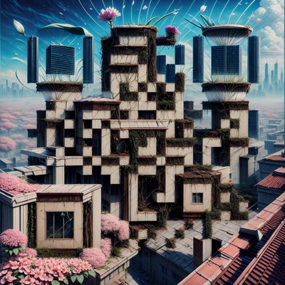 Overgrown Rooftop City Surreal QR Code Art