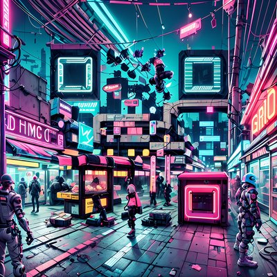 Neon Cyberpunk Street Market City QR Code for Posters