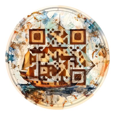 Деревянная шхуна в акварели: QR-код для стикеров