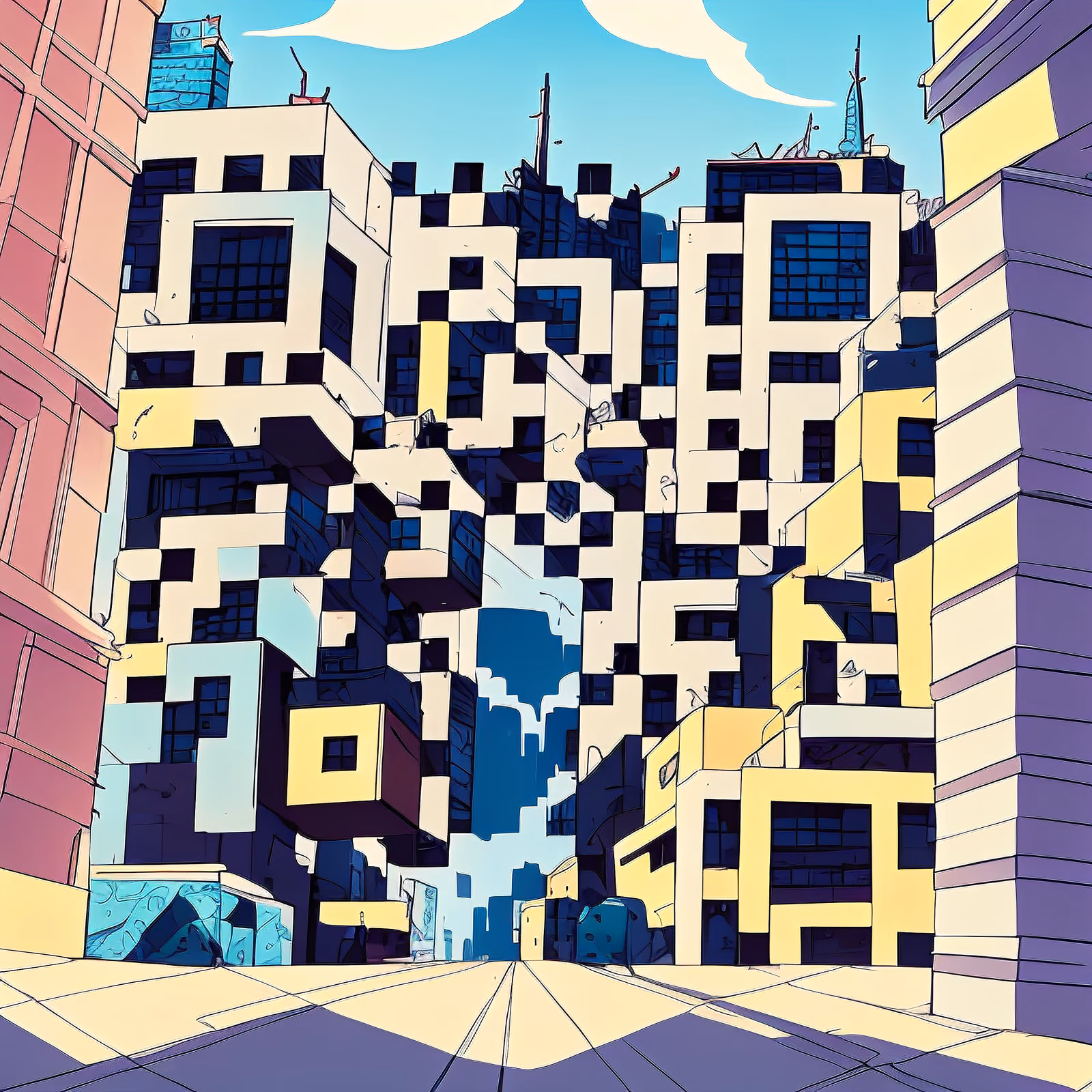 Blocky Cityscape Comic Panel QR Code for Posters — image 1