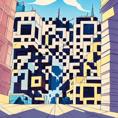 Blocky Cityscape Comic Panel QR Code for Posters — image 1