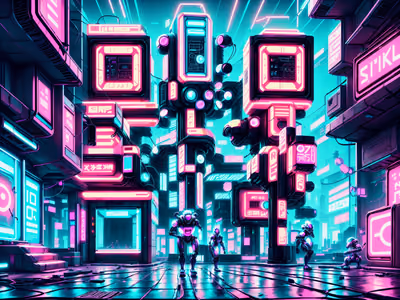 Неоновые роботы на улице, киберпанк: QR-код для постеров — изображение 1