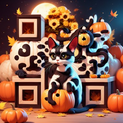 Cat Among Pumpkins 3D Cartoon QR Code for Posters