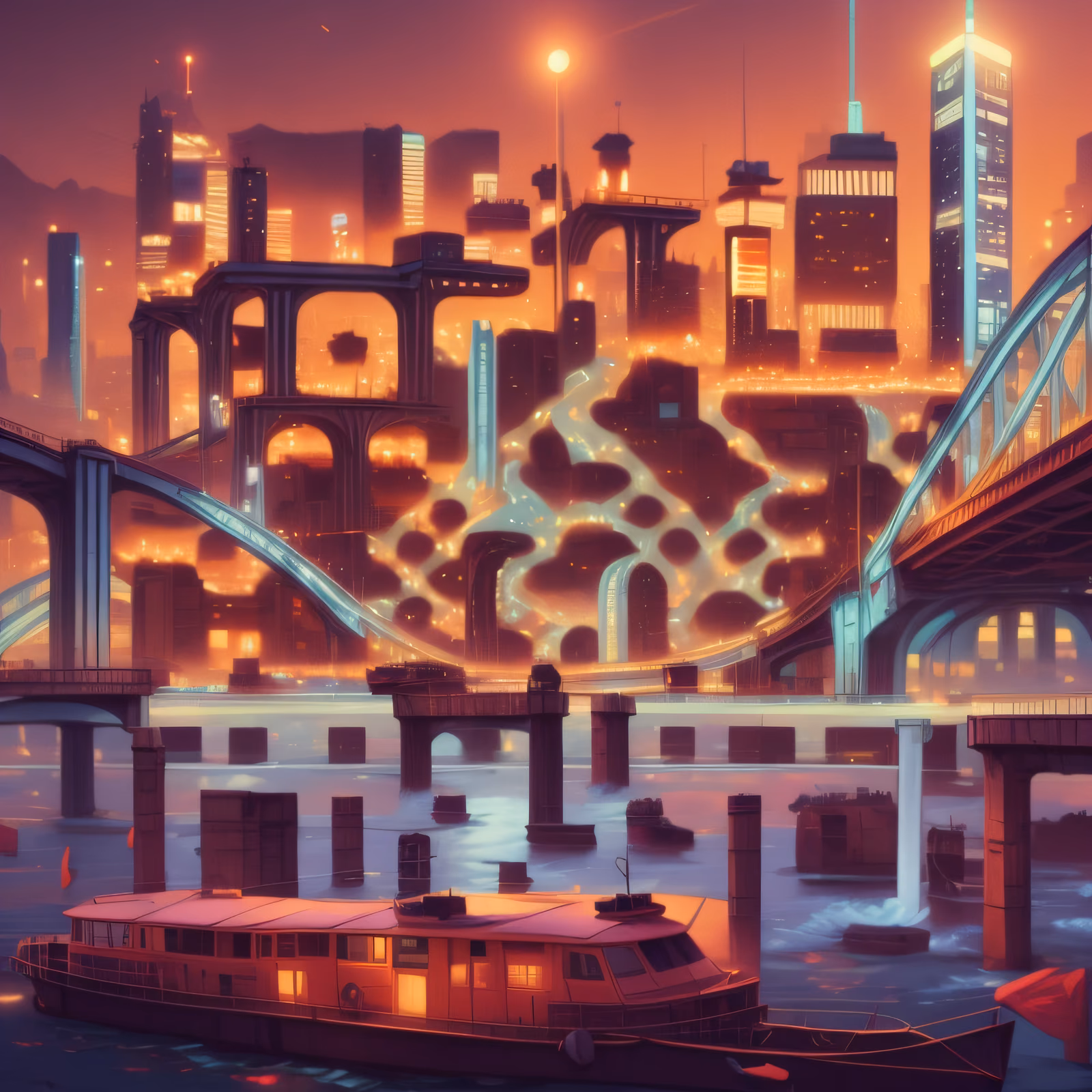 Night City Bridge Matte Painting QR Code for Posters — image 1