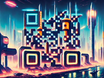 QR-код с ретрофутуристическим ракетным городом в живописном стиле для постеров — изображение 1