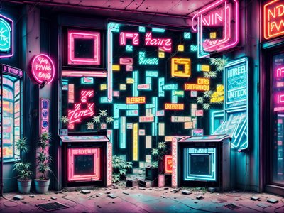 Abandoned Neon Arcade Cyberpunk QR Code for Posters