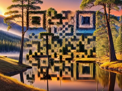 Mountain Lake Sunset Digital Painting QR Code Art