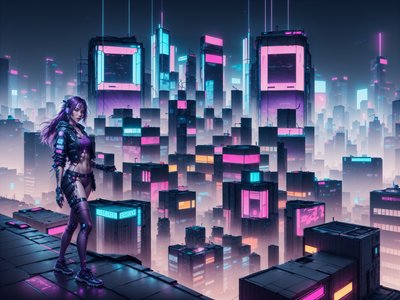 Cyberpunk Rooftop Skyline Woman QR Code for Posters