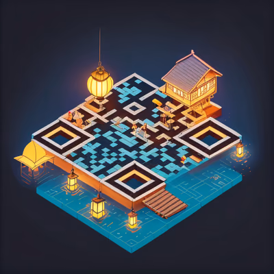 Isometric River Ferry Lantern Diorama QR Code for Posters — image 1