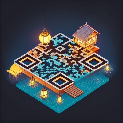 Изометрический паромный причал с фонарями: QR-код для постеров