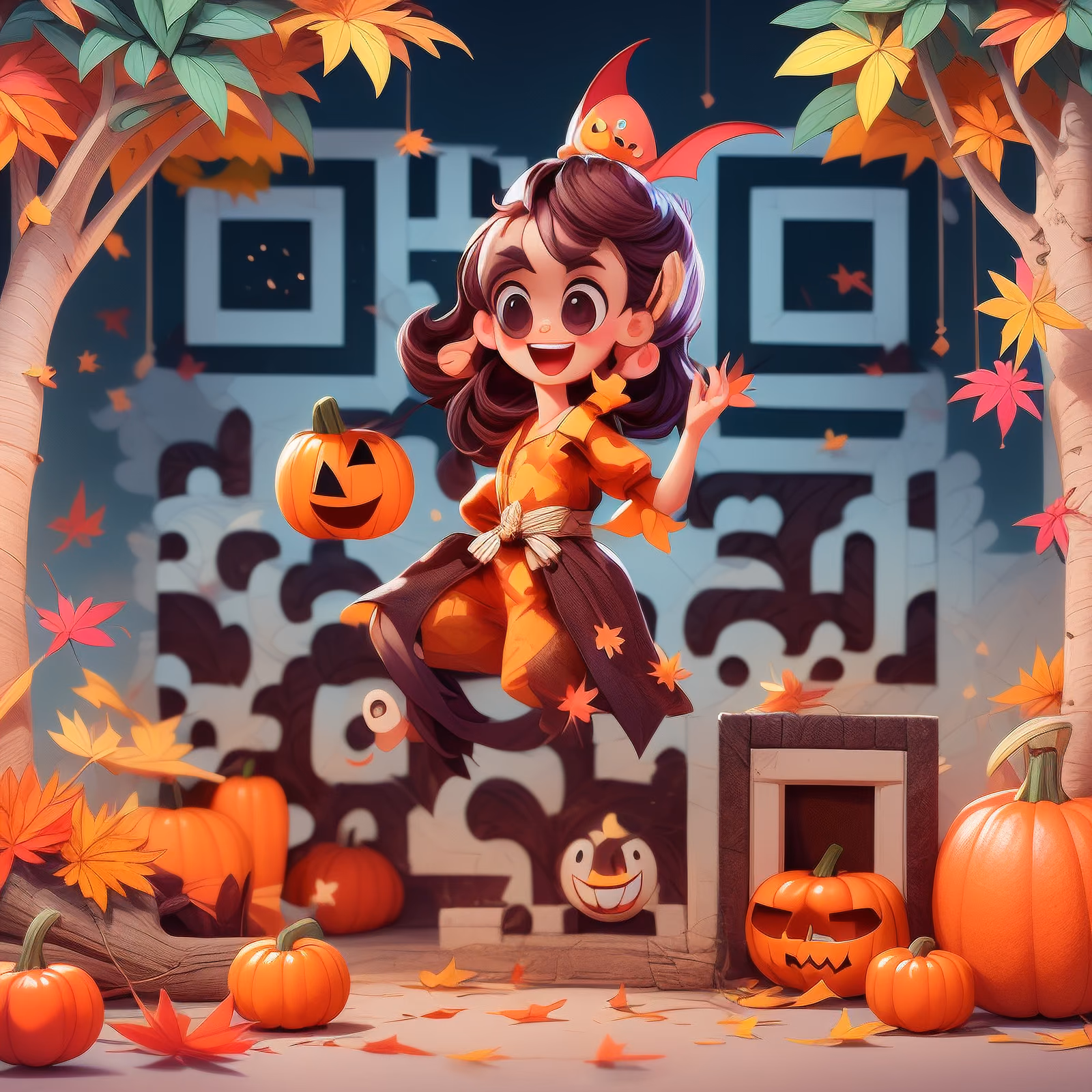 Девочка с тыквами на Хэллоуин, 3D QR-код для флаеров — изображение 1