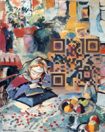 Girl Reading Interior Painterly QR Code Art — image 1